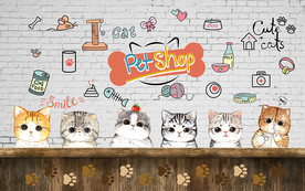 个性砖墙可爱猫咪宠物店工装背景