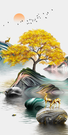 新中式现代抽象简约山水意境麋鹿