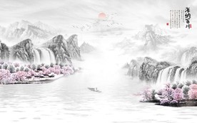 新中式水墨山水国画电视背景墙