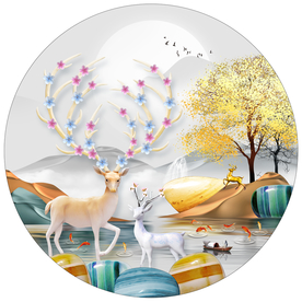 新中式山水麋鹿圆形装饰画