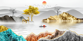 麋鹿山水金箔画