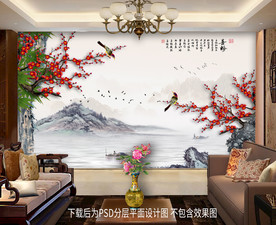 手绘梅花喜鹊山水背景墙