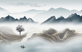 中式 背景墙山水画 tif分层