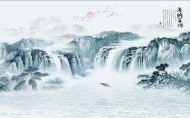 新中式海纳百川水墨国画背景墙