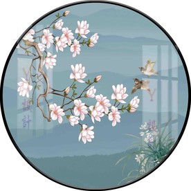 新中式手绘玉兰花鸟圆形装饰画图