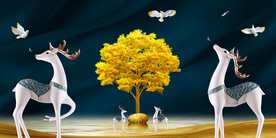 轻奢麋鹿发财树三联画