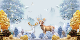 3D立体麋鹿三联画