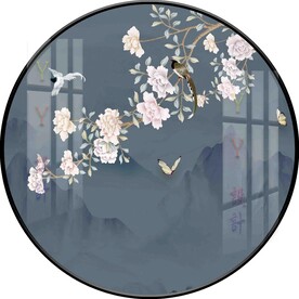 新中式手绘工笔花鸟圆形装饰画图