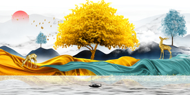 麋鹿山水晶瓷画