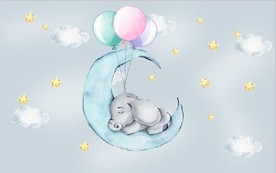 水彩卡通小象气球儿童房背景墙
