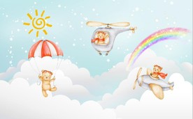 水彩卡通降落伞飞机儿童房背景墙