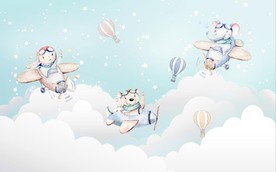 水彩卡通飞机热气球儿童房背景墙