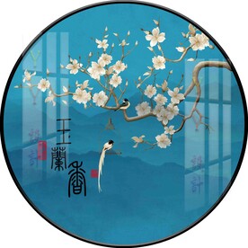 新中式玉兰花鸟圆形装饰画图片