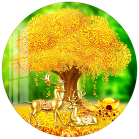 麋鹿发财树金色圆形装饰画