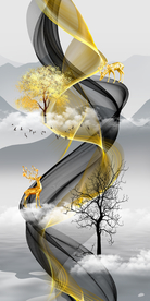 线条山水发财树玄关晶瓷画