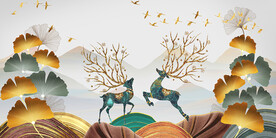 麋鹿杏叶三联画晶瓷画装饰画