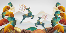 麋鹿杏叶三联画晶瓷画装饰画