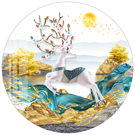 新中式金色山水麋鹿圆形装饰画