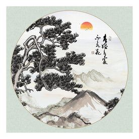 水墨山水小船松树背景墙图片