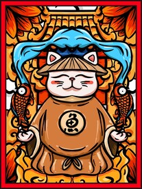 手绘国潮招猫插画