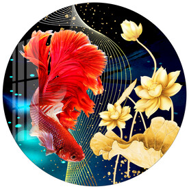 金色荷花孔雀鱼圆形装饰画