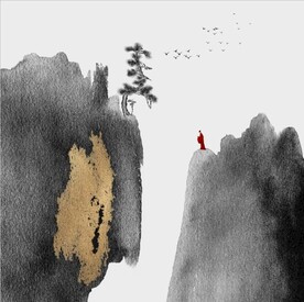 新中式金色水墨禅僧风景装饰画