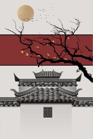 新中式古建筑树枝风景玄关装饰画