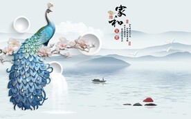 原创孔雀牡丹山水画背景墙图片