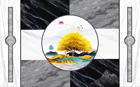 新中式山水意境发财树背景墙