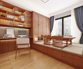 新中式书房效果图榻榻米