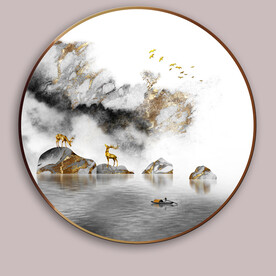 意境水墨晕染麋鹿山水装饰画