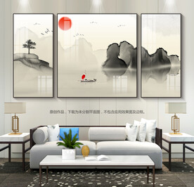 水墨山水画客厅装饰画三联画挂画