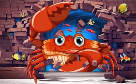 3D破墙而出大闸蟹餐饮背景墙