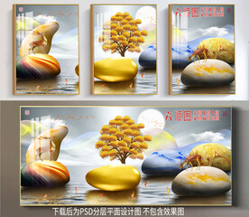 高清鹅卵石梅花鹿三联装饰画