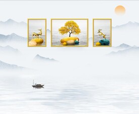 3联画 发财鹿 水墨山水