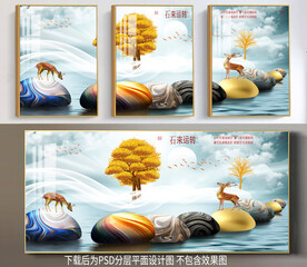 高清鹅卵石梅花鹿三联装饰画