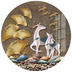 金色银杏叶麋鹿圆框画