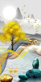 石来运转麋鹿山水玄关装饰画