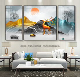 金色山峰麋鹿客厅装饰画无框画