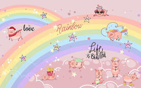 可爱卡通彩虹小猪儿童房背景墙