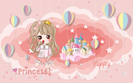 卡通城堡气球公主儿童房背景墙