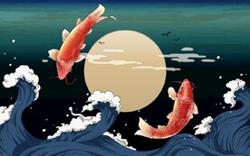 国风潮海浪锦鲤餐饮背景墙壁画