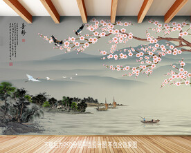 手绘梅花山水风景背景墙