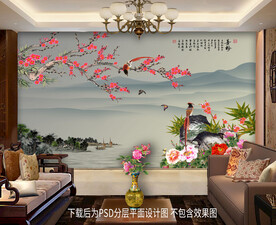 手绘梅花牡丹客厅背景墙