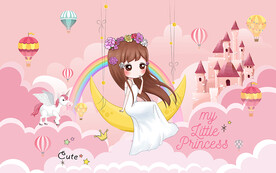 可爱公主月亮秋千儿童房背景墙