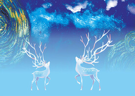 麋鹿蓝色星空装饰画 