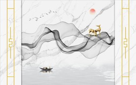 大理石纹 飘带鹿 山水画