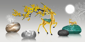 装饰画 晶瓷画 麋鹿 石头 树