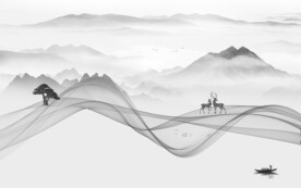 线条山水画灰色画 TIF分层