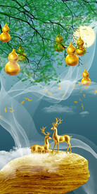 石来运转麋鹿山水葫芦玄关装饰画